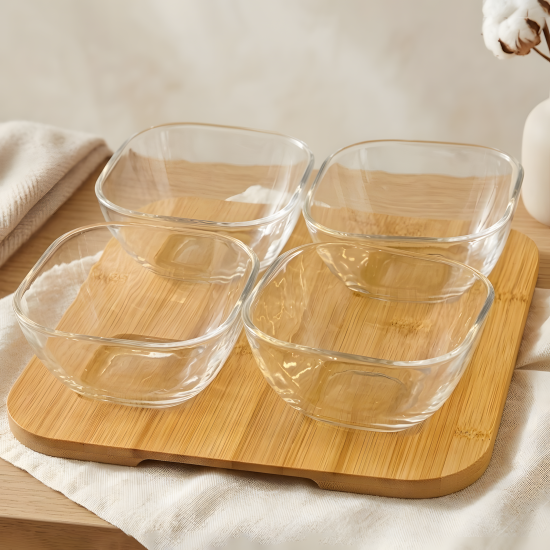 Glass Bowl Set with Wooden Base 4 Pcs